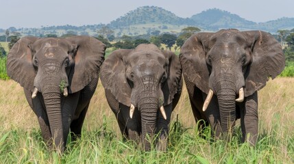 Naklejka premium Elephants roam freely in the Kenyan savannah, showcasing their majestic presence amidst the wild beauty of nature