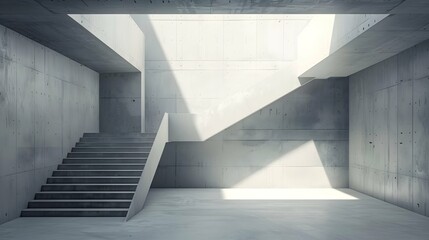 Obraz premium Abstract empty, modern concrete room with stairs and lighting from side wall - industrial interior background template, 3D illustration 