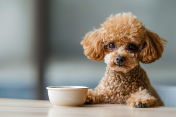 Toy poodle with empty bowl and - Concept of dog food nutrition and diet 