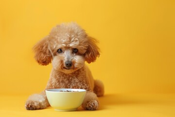 Toy poodle with empty bowl and food nutrients written on yellow background- Concept of dog food nutrition and diet 