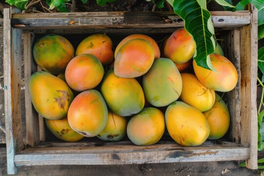 top view close-up mango harvest in a wooden box 