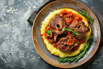 Traditional Italian dish Ossobuco all Milanese made with cut veal shank meat with vegetable tomato sauce served with corn polenta on ceramic plate top view on rustic stone background, copy space. 