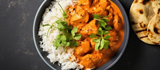 Delicious Chicken Tikka Masala Served with Fluffy Rice and Soft Bread - obrazy, fototapety, plakaty