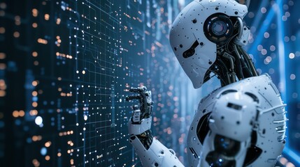 Fototapeta premium Futuristic Robot Analyzing Digital Data Streams in a Virtual Environment