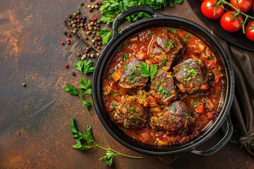 Traditional Italian dish Ossobuco all Milanese made with cut veal shank meat with vegetable tomato sauce served in black casserole pan top view on rustic brown background.