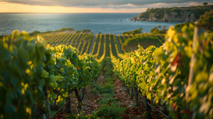 A coastal vineyard, with rows of grapevines overlooking the sea as the background, during harvest season