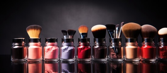 Glamorous Makeup Brushes and Luxurious Beauty Products on Elegant Dark Background