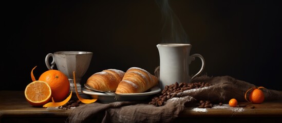 Cozy Morning Vibes: Aromatic Coffee, Fresh Oranges, and Sweet Croissants on Rustic Table