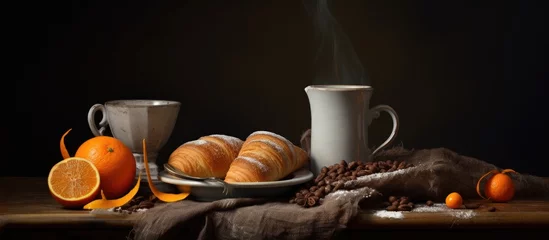 Tuinposter Cozy Morning Vibes: Aromatic Coffee, Fresh Oranges, and Sweet Croissants on Rustic Table © HN Works