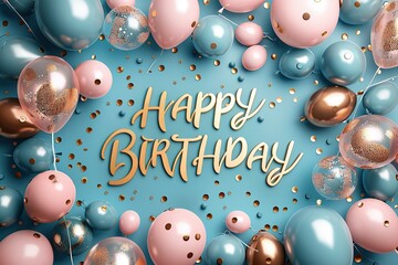 "HAPPY BIRTHDAY" text, a background with happy birthday letters and balloons against a turquoise background, in the style of light beige and gold