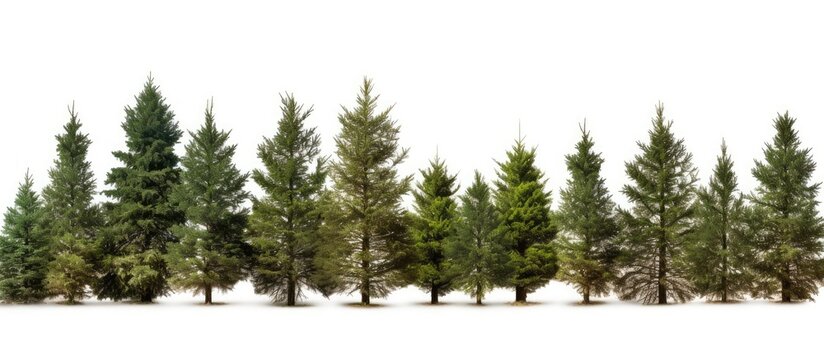 Serene Row of Young Pine Trees Against a Clean White Background