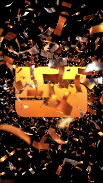 chiffre 5 qui apparait en passant au travers d'un nuages de confettis dor&eacute;s sur fond noir - couche alpha s&eacute;par&eacute;e pour personnalisation du fond - 4K