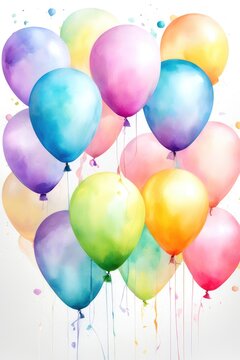 many colorful watercolor balloons on white background