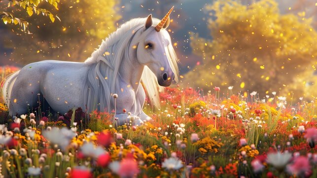 An enchanting and whimsical unicorn surrounded by a field of colorful flowers