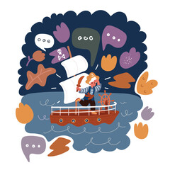 Cartoon vector illustration of portrait of little boy dressed as pirate