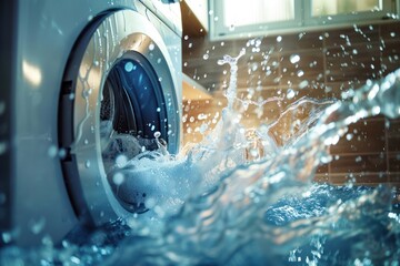 Water coming out of a washing machine. Perfect for illustrating water damage, appliance repair, or household chores.  - obrazy, fototapety, plakaty