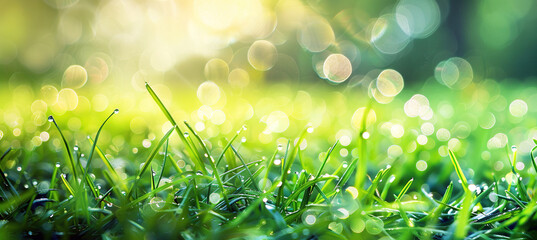 spring background with water drops on the grass