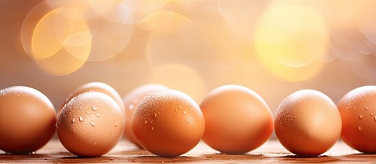 Fresh Chicken Eggs in a Row with Glistening Water Droplets on White Surface