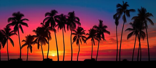 Fototapeta na wymiar Serene Palm Trees Creating Beautiful Silhouettes Against a Vibrant and Colorful Sunset Sky