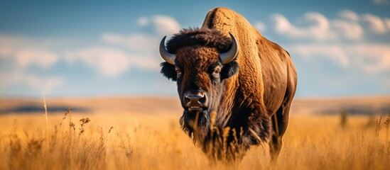 Majestic Bison Roaming Wild on Prairie Under Open Skies in Natural Habitat - 750465744