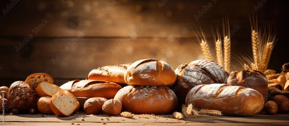 Poster variety of freshly baked bread displayed on a wooden table in a rustic bakery setting