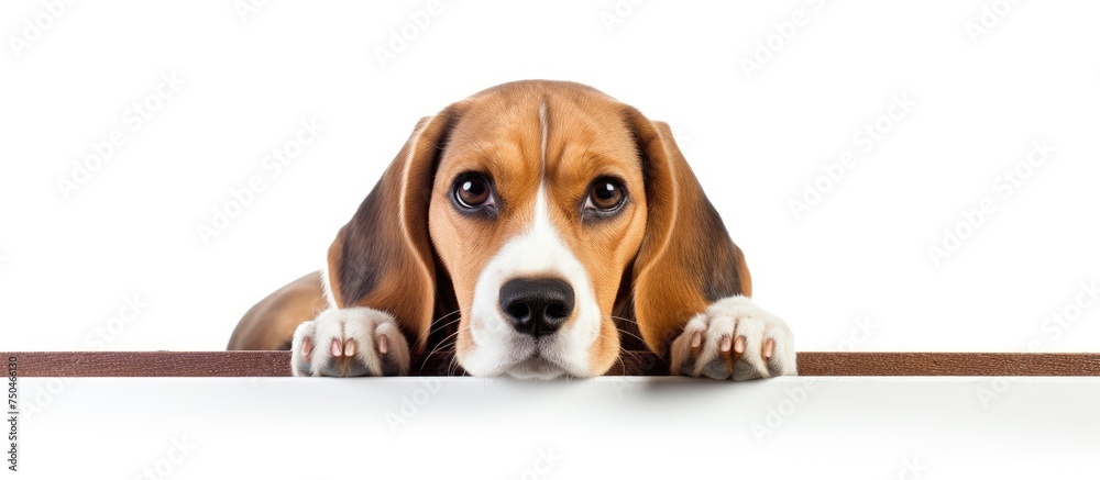 Poster curious beagle puppy gazing from behind a blank white sign in playful wonder