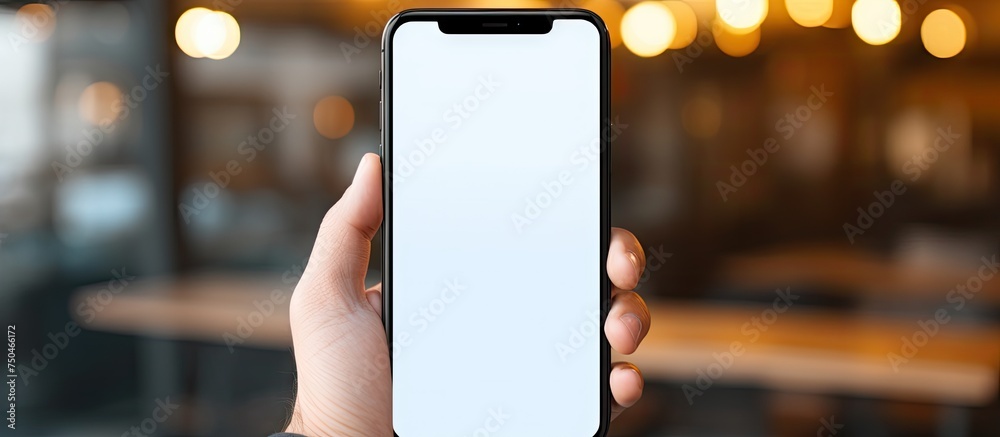 Poster man showcasing a phone with a blank screen for your custom message against soft light background