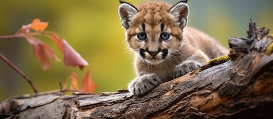 Cute Young Cougar Puma Playfully Roaming a Fallen Log in Captivity