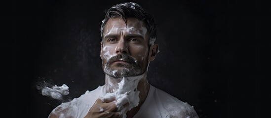 Expressive Man Applies White Cream on Face for Shaving Routine with Focused Expression - Powered by Adobe