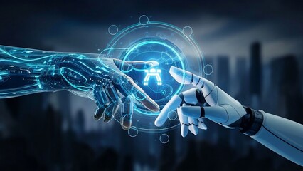 Futuristic society intelligent robot artificial intelligence humans AI technology coexist peacefully