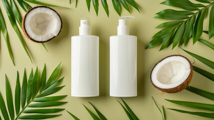 Elegant white packaging mockup with coconut and palm leaves, tropical skin and hair care