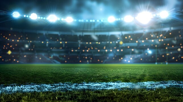 Background of sports stadium at night with defocused 3D lighting in football and cricket