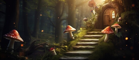Enchanting Fairy House Amidst Whimsical Woods with Magical Pathway and Mystical Butterflies - obrazy, fototapety, plakaty
