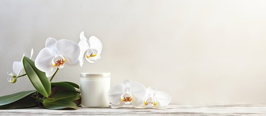 Obraz na płótnie Canvas Elegant White Orchid Flowers Adorn a Wooden Table with Natural Beauty Products