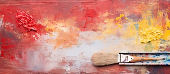 Vibrant Paintbrushes on Red and Yellow Palette with Dripping Oil Paints - Creative Artistic...