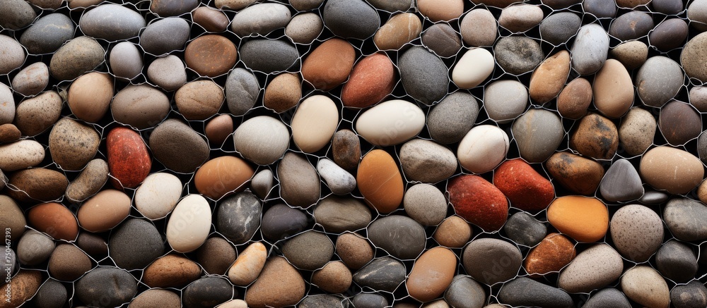 Poster Rustic Collection of Eggs Captured in Wire Mesh Against River Stone Background