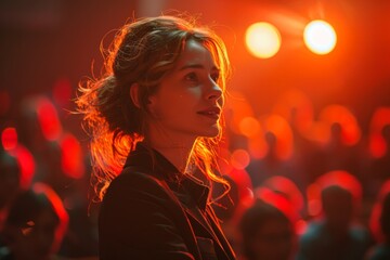 A stylized shot of a businesswoman delivering a powerful presentation on stage, with dramatic lighting and a captivated audience