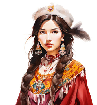 Watercolor illustration of a beautiful girl in national clothes of the Turkic peoples, png