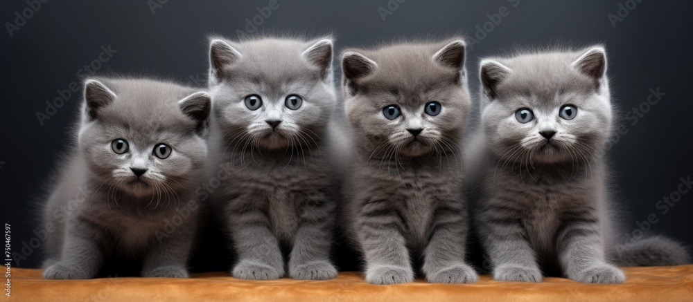 Poster adorable trio of curious kittens perched on a table gazing with wide-open eyes