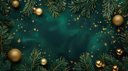 Festive Green Background Adorned with Christmas Fir Branches and Shimmering Gold Ornaments
