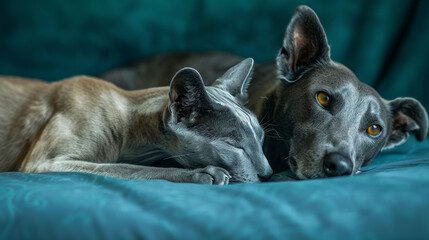 A gentle greyhound and an elegant Russian Blue cat sharing a quiet moment on a cool teal surface.