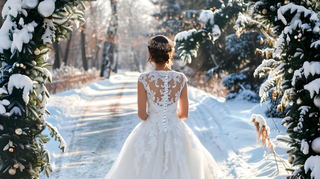 bride in winter view from the back, a girl in a white dress at a wedding in a decorated winter arch, entrance to the holiday 