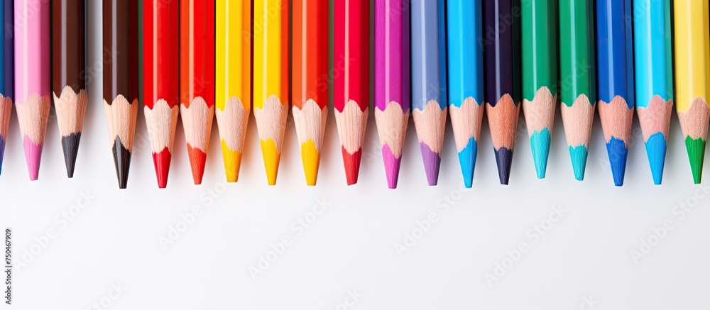 Poster vibrant colored pencils neatly aligned in a rainbow spectrum order on white background