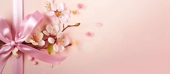 Elegant Pink Bow Adorned with Delicate Spring Flowers, Perfect Gift Wrapping Concept