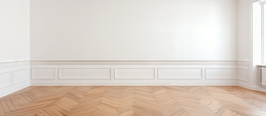 Fototapeta premium Minimalist Interior Design: Serene Empty Room with Elegant Parquet Flooring and White Walls