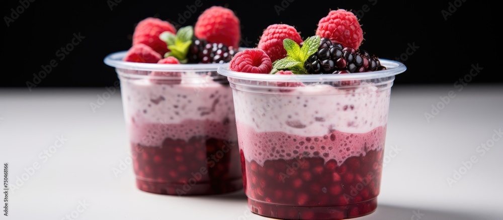 Poster delicious raspberry and blackberry chia pudding ready to enjoy in cups