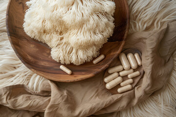 overhead flat lay view of lions mane mushroom with vitamin supplement tablets - obrazy, fototapety, plakaty