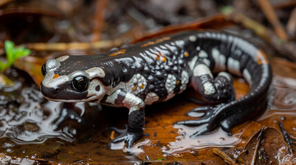 A salamander in its natural habitat, glistening with raindrops.