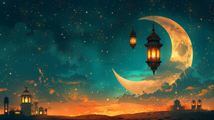 Ramadan moon sighting background wallpaper with lantern and middle east theme