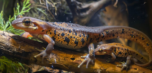 Obraz premium A mother salamander with its child on wood, with shiny, spotted skin.
